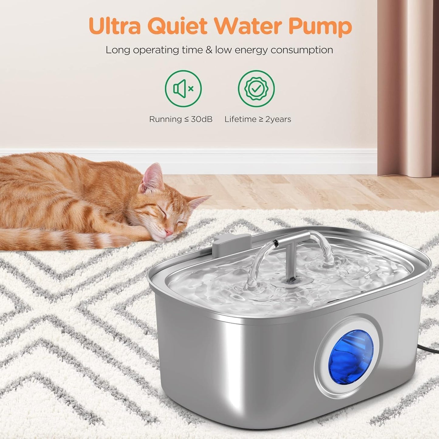 Stainless Steel Water Fountain for Cats and Dogs/108 fluid oz-3.2L with Water Level Window/ Comes with 4 Replacement Filters 