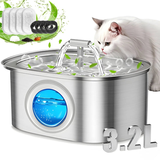 Stainless Steel Water Fountain for Cats and Dogs/108 fluid oz-3.2L with LED-lit Water Level Window/ Comes with 4 Replacement Filters 